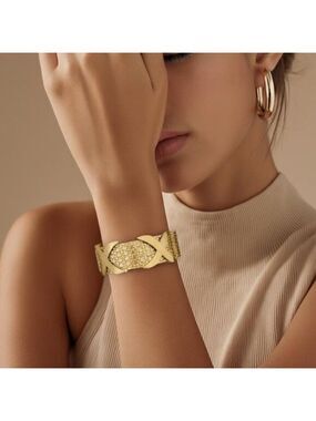 Luxury Modern Stainless Gold Plated Steel Bracelet Thick Wide Chunky Bracelet